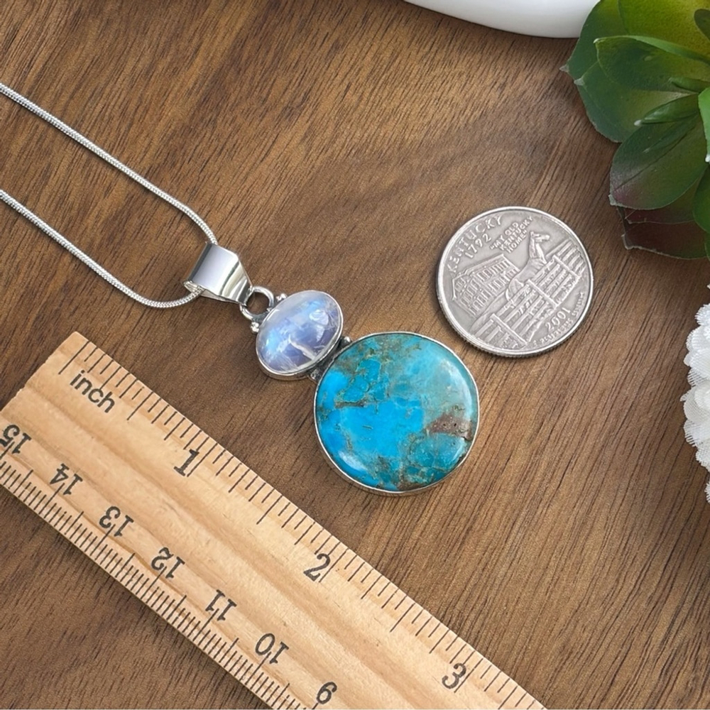 Rainbow Moonstone Turquoise Pendant Sterling Silver 925 Southwest Style - Picture 8 of 9